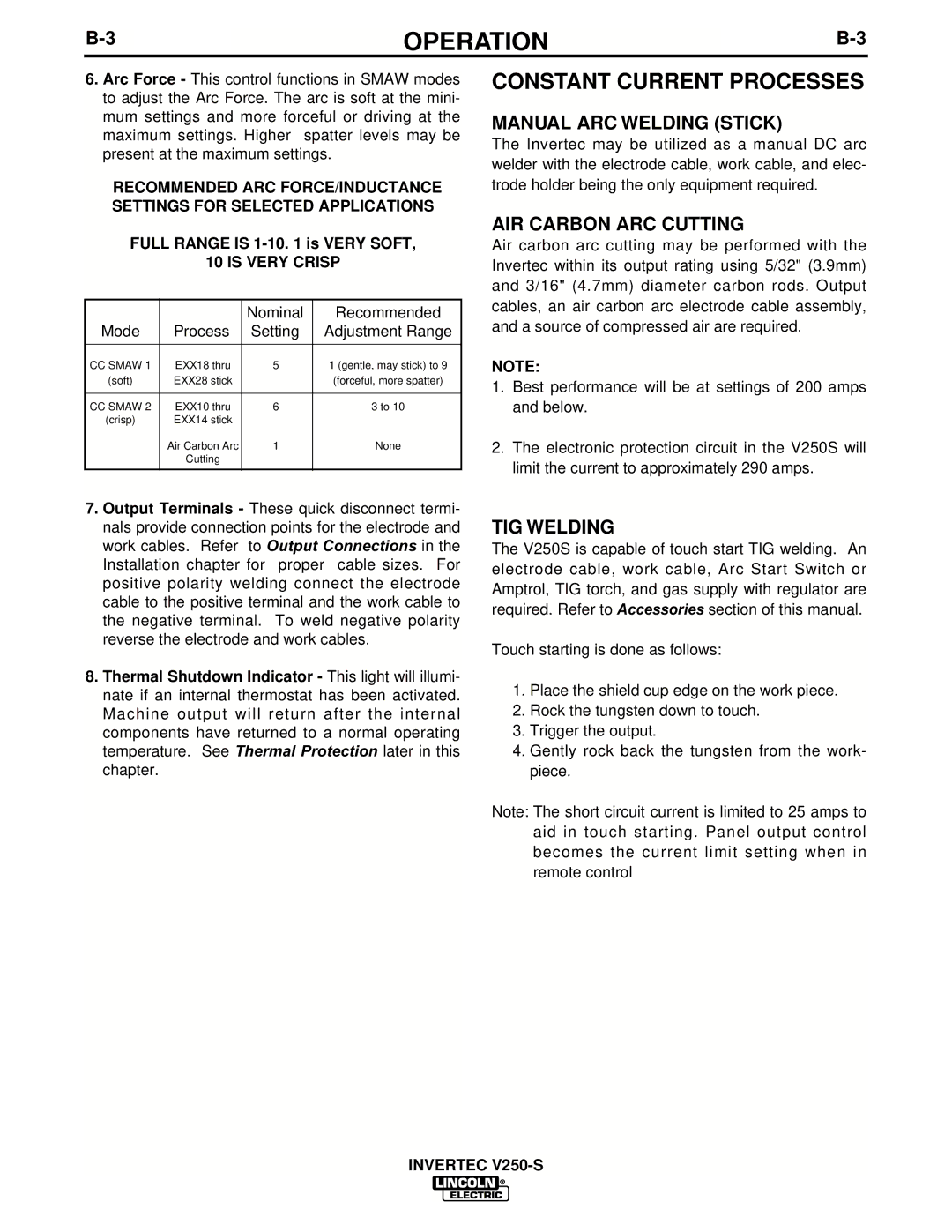 Lincoln Electric IM490-C manual Constant Current Processes, Manual ARC Welding Stick, AIR Carbon ARC Cutting, TIG Welding 
