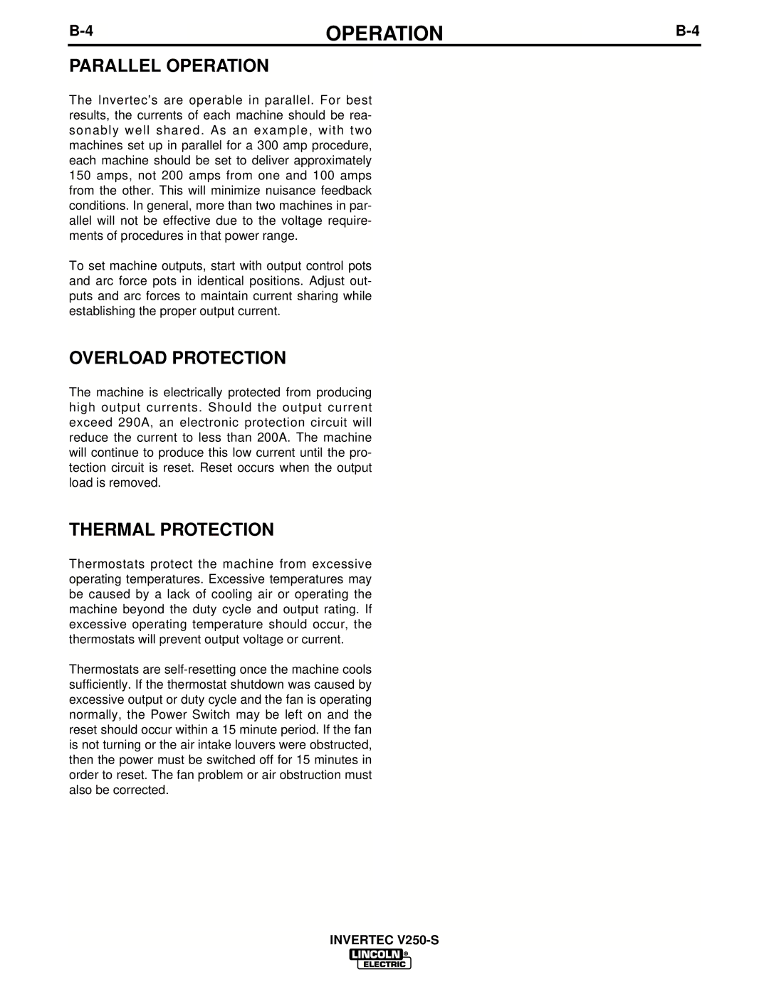 Lincoln Electric IM490-C manual Parallel Operation, Overload Protection, Thermal Protection 