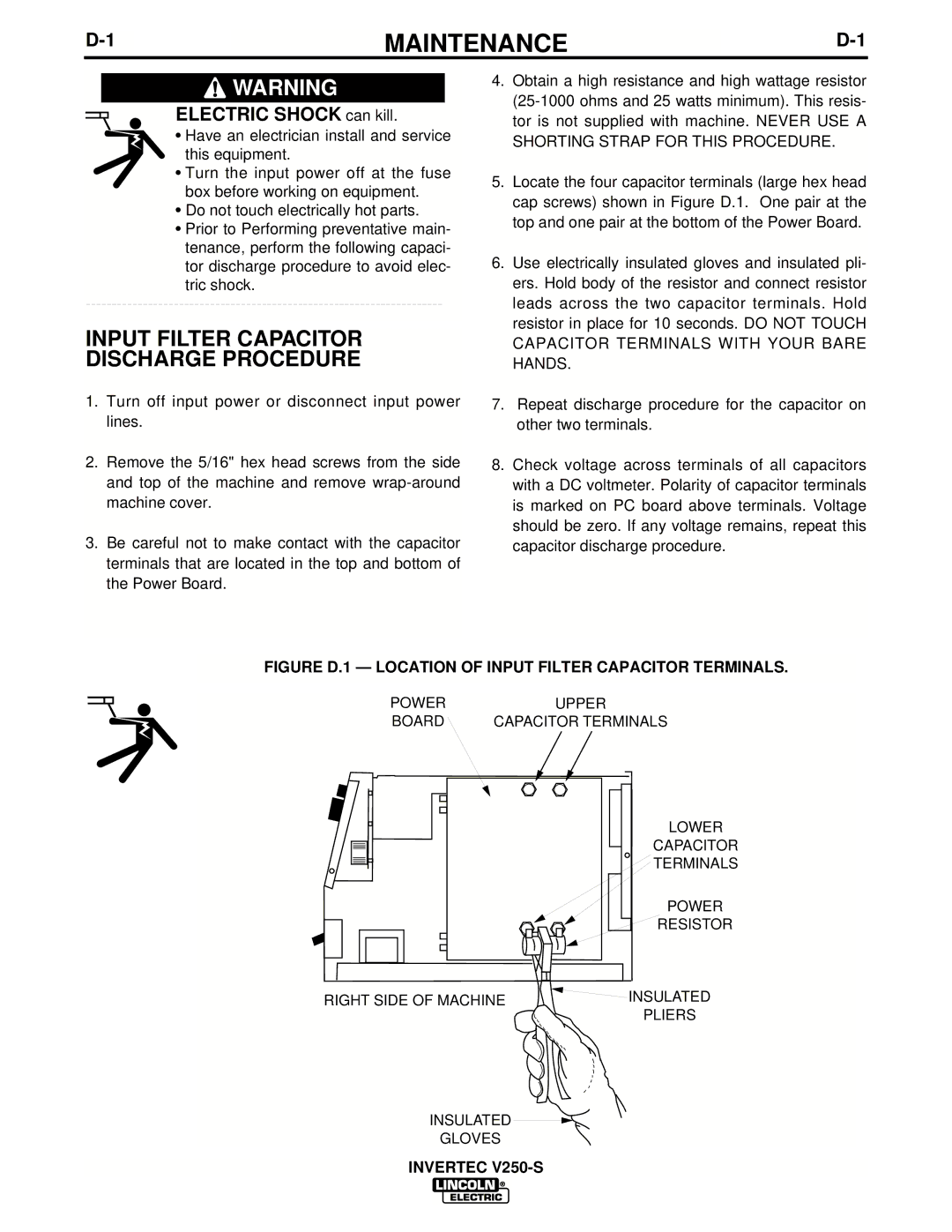 Lincoln Electric IM490-C manual Maintenance, Input Filter Capacitor Discharge Procedure 