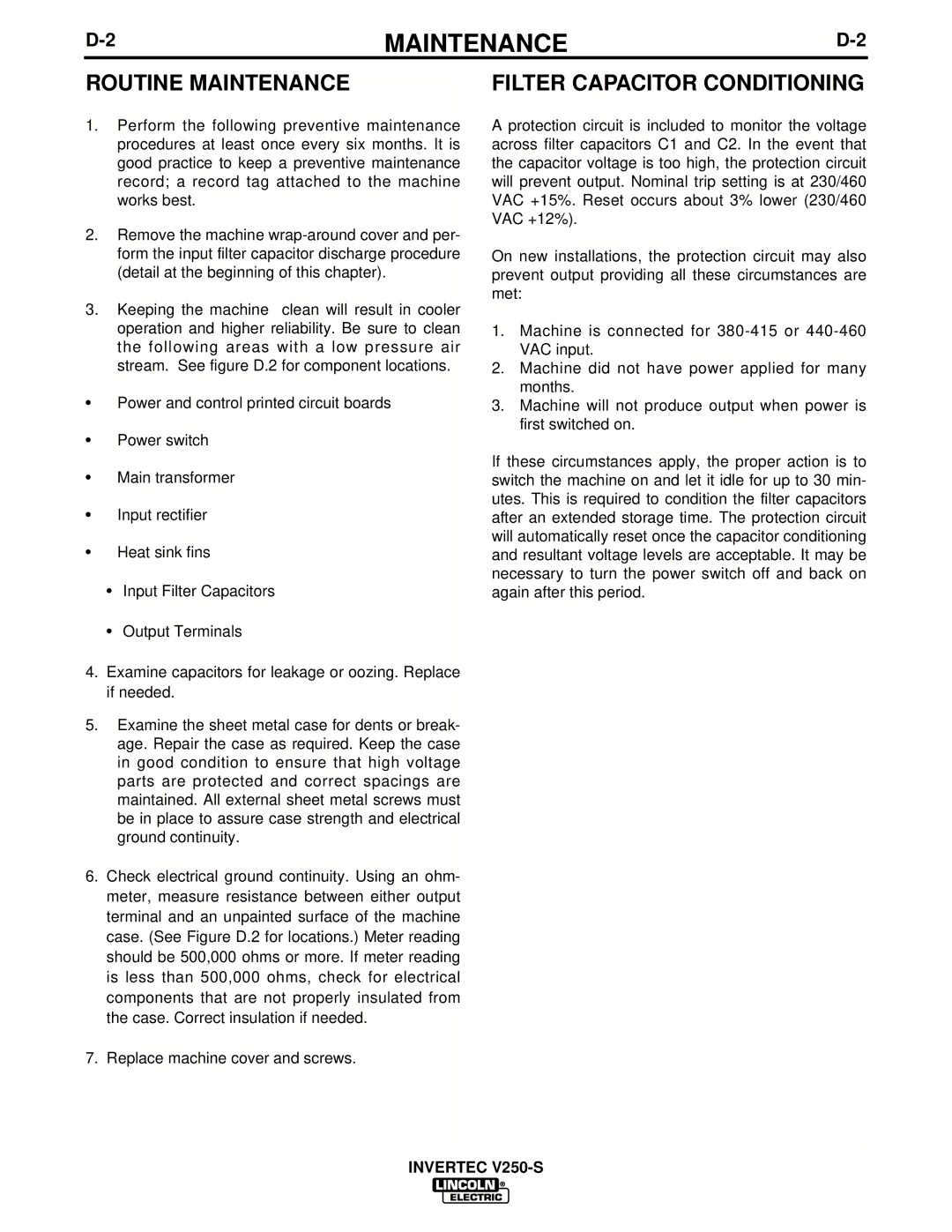 Lincoln Electric IM490-C manual Routine Maintenance, Filter Capacitor Conditioning 