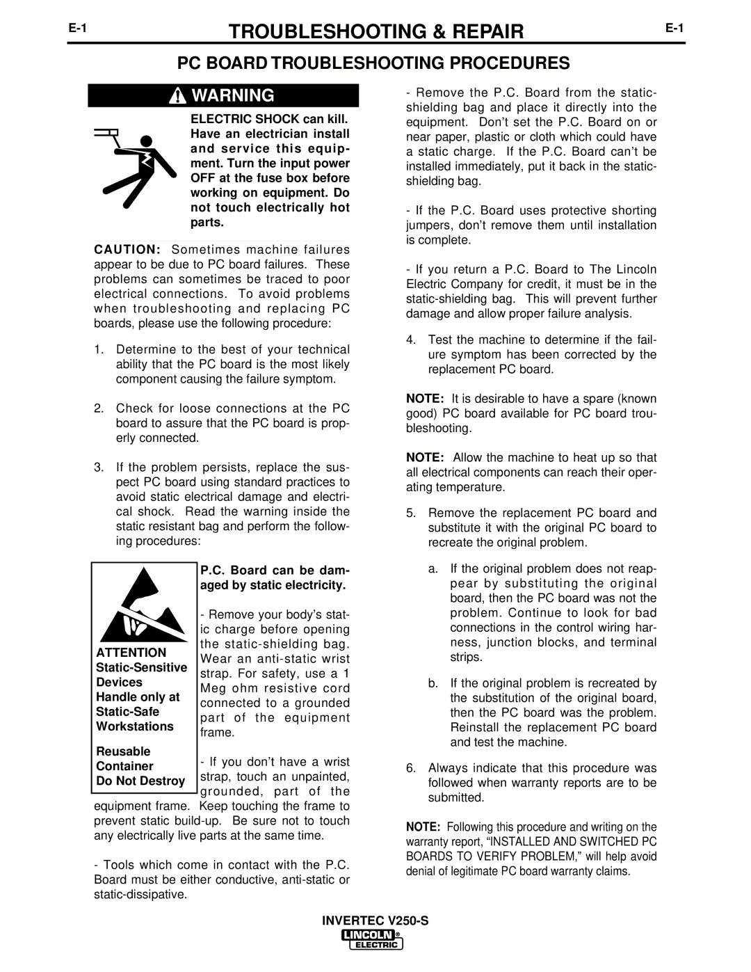 Lincoln Electric IM490-C manual Troubleshooting & Repair, PC Board Troubleshooting Procedures 