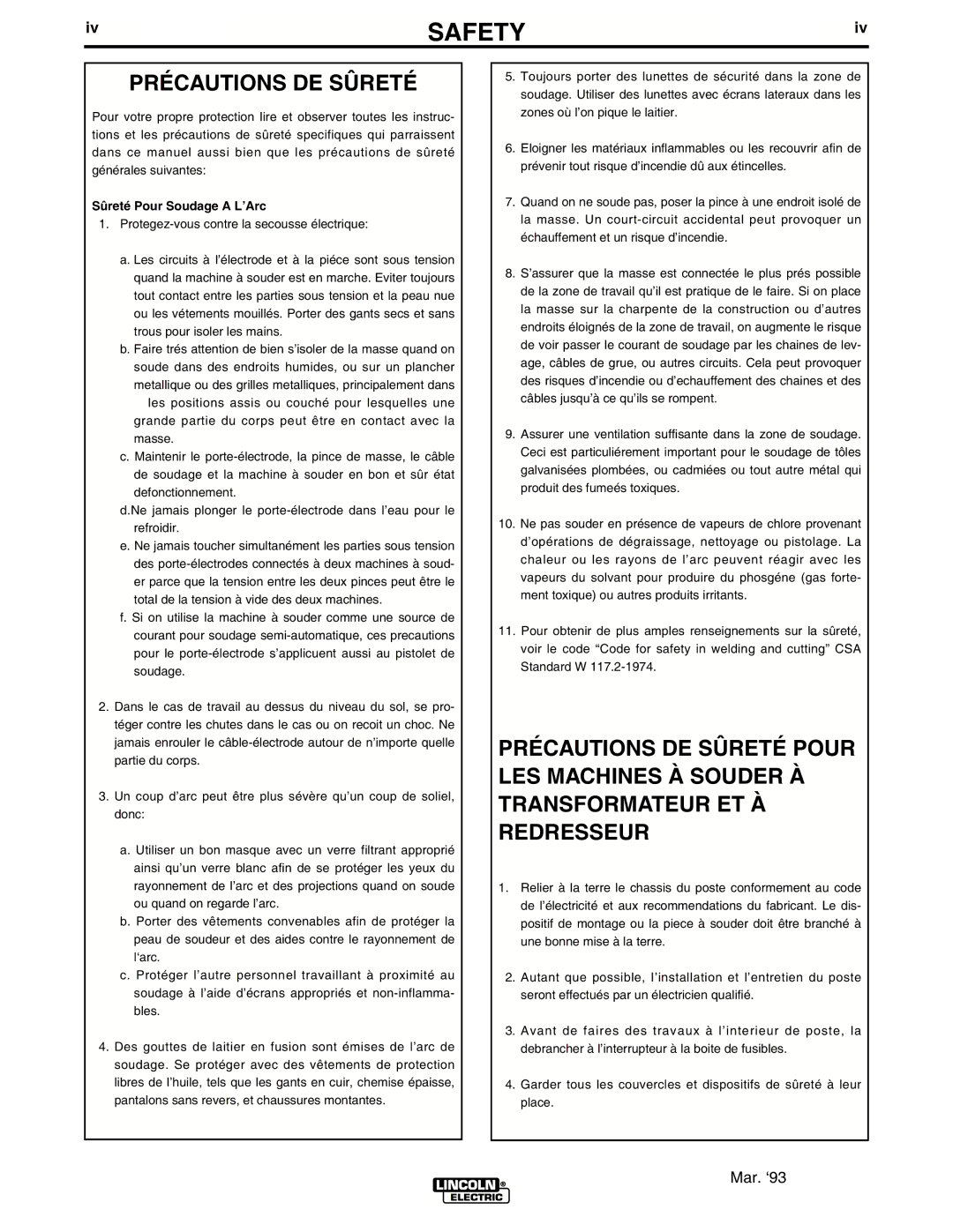 Lincoln Electric IM490-C manual Précautions DE Sûreté, Sûreté Pour Soudage a L’Arc 