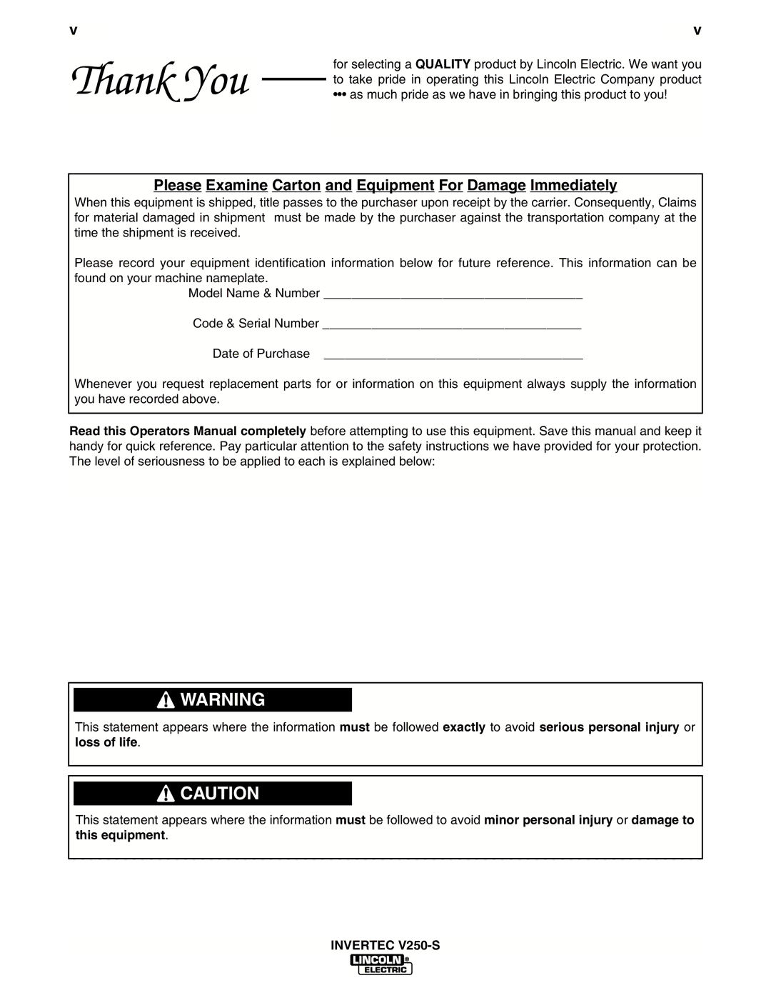 Lincoln Electric IM490-C manual Thank You, Invertec V250-S 