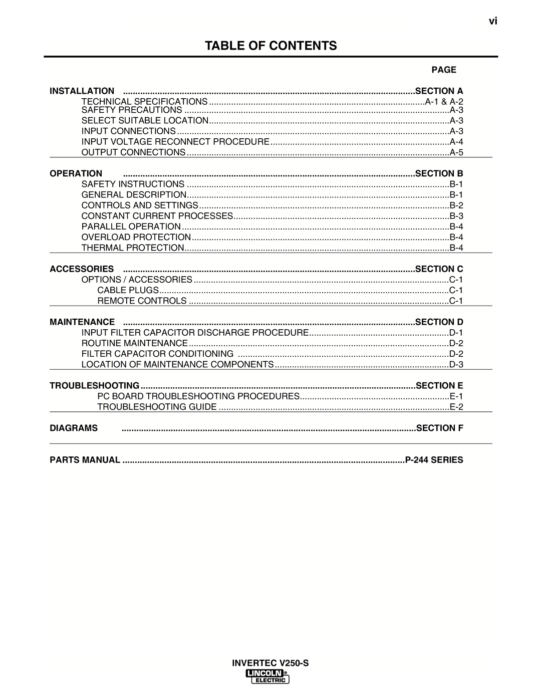 Lincoln Electric IM490-C manual Table of Contents 