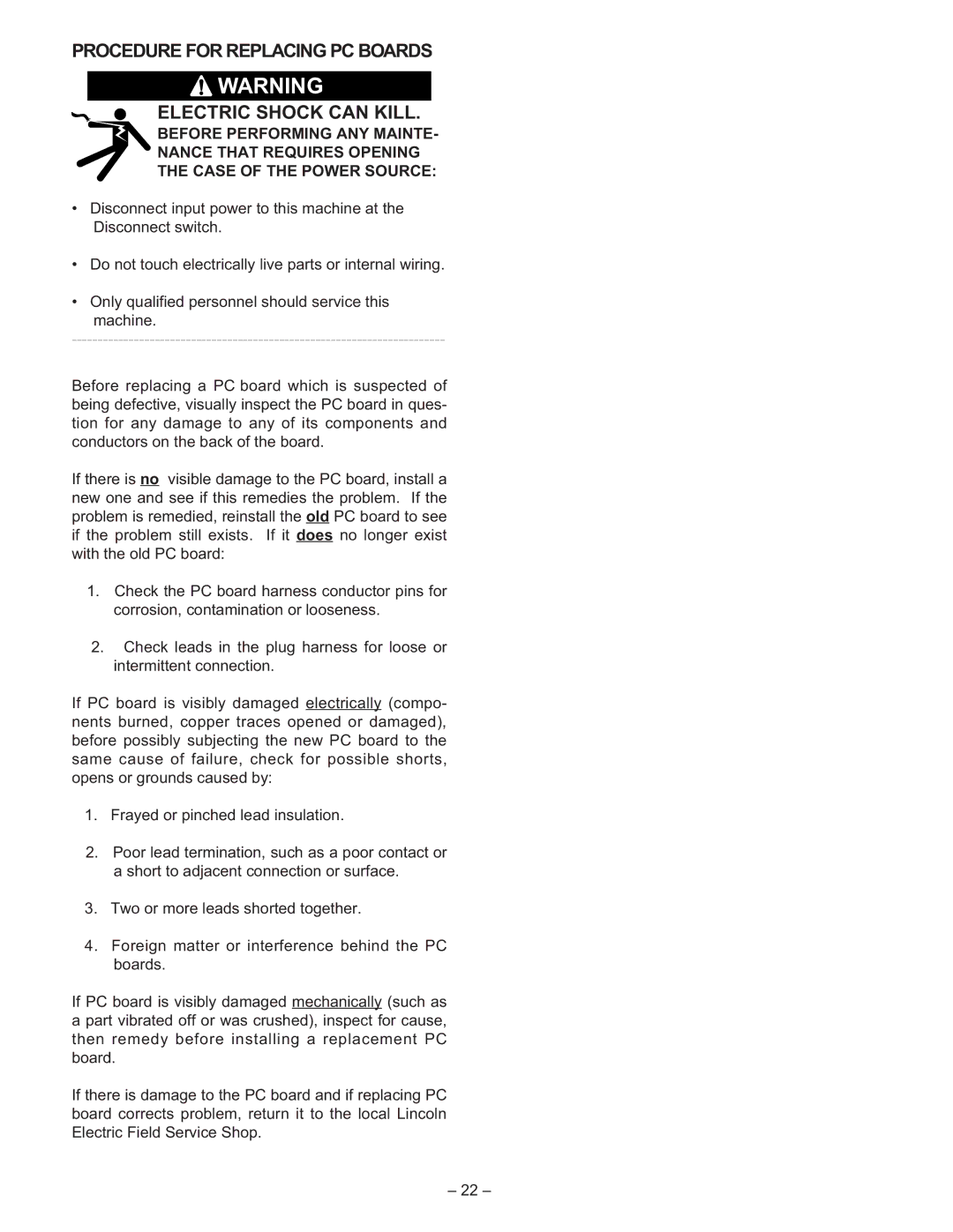 Lincoln Electric IM491-B manual Procedure for Replacing PC Boards Electric Shock can Kill 