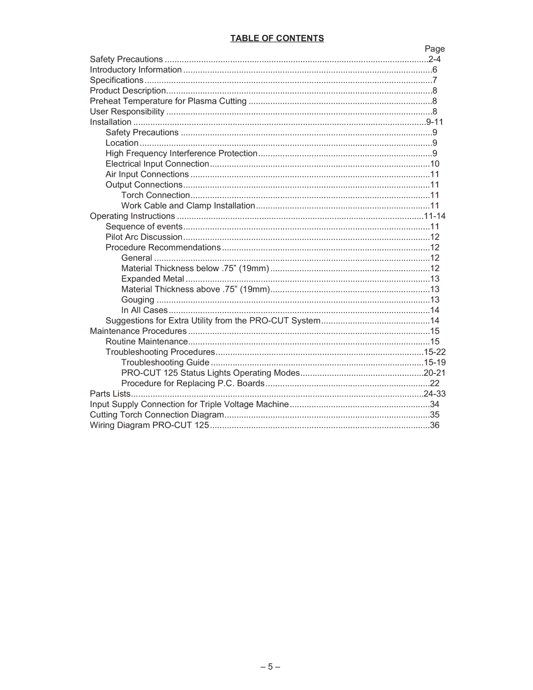 Lincoln Electric IM491-B manual Table of Contents 