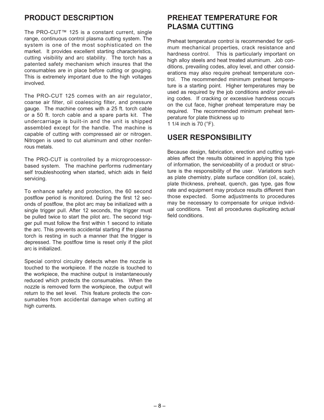 Lincoln Electric IM491-B manual Product Description, Preheat Temperature for Plasma Cutting, User Responsibility 