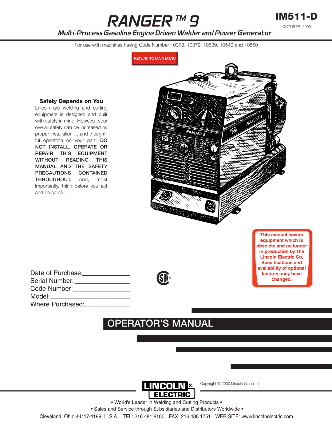 Lincoln Electric IM511-D manual Ranger TM 