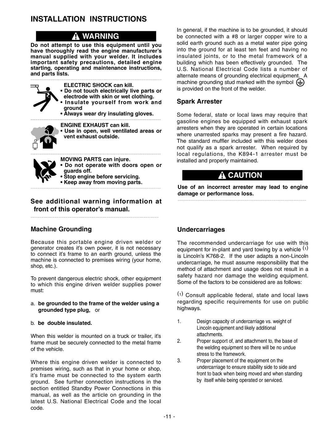 Lincoln Electric IM511-D manual Installation Instructions, Spark Arrester, Machine Grounding 