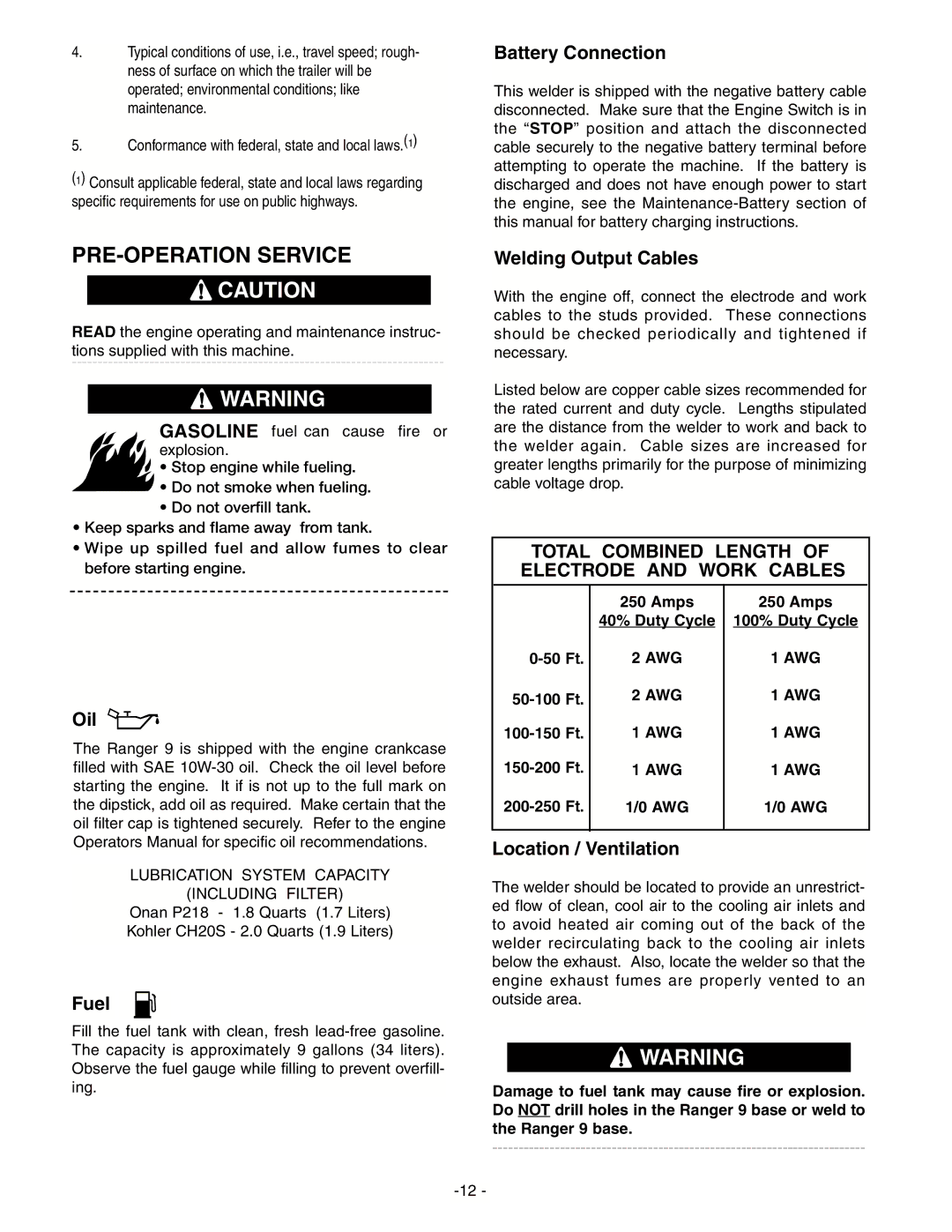 Lincoln Electric IM511-D manual PRE-OPERATION Service, Total Combined Length of Electrode and Work Cables 