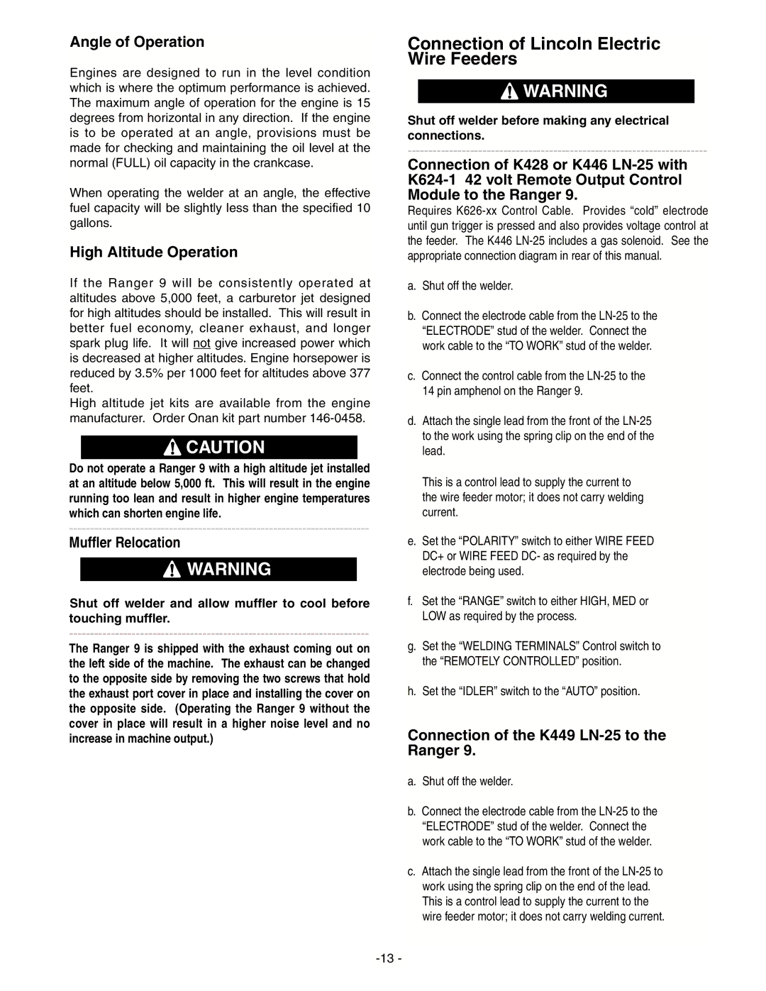 Lincoln Electric IM511-D manual Angle of Operation, High Altitude Operation, Muffler Relocation 