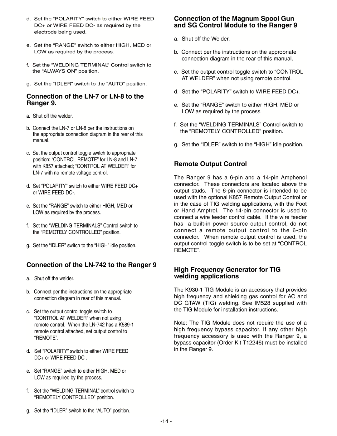 Lincoln Electric IM511-D manual Connection of the LN-7 or LN-8 to the Ranger, Remote Output Control 