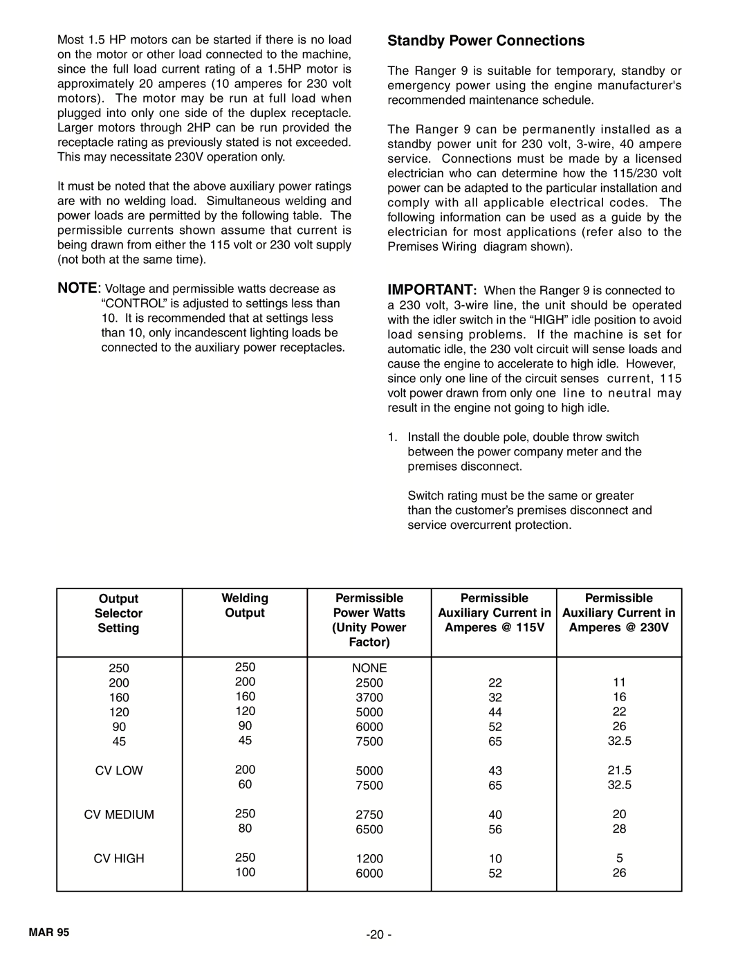 Lincoln Electric IM511-D manual Standby Power Connections, Auxiliary Current Setting Unity Power Amperes @ Factor 