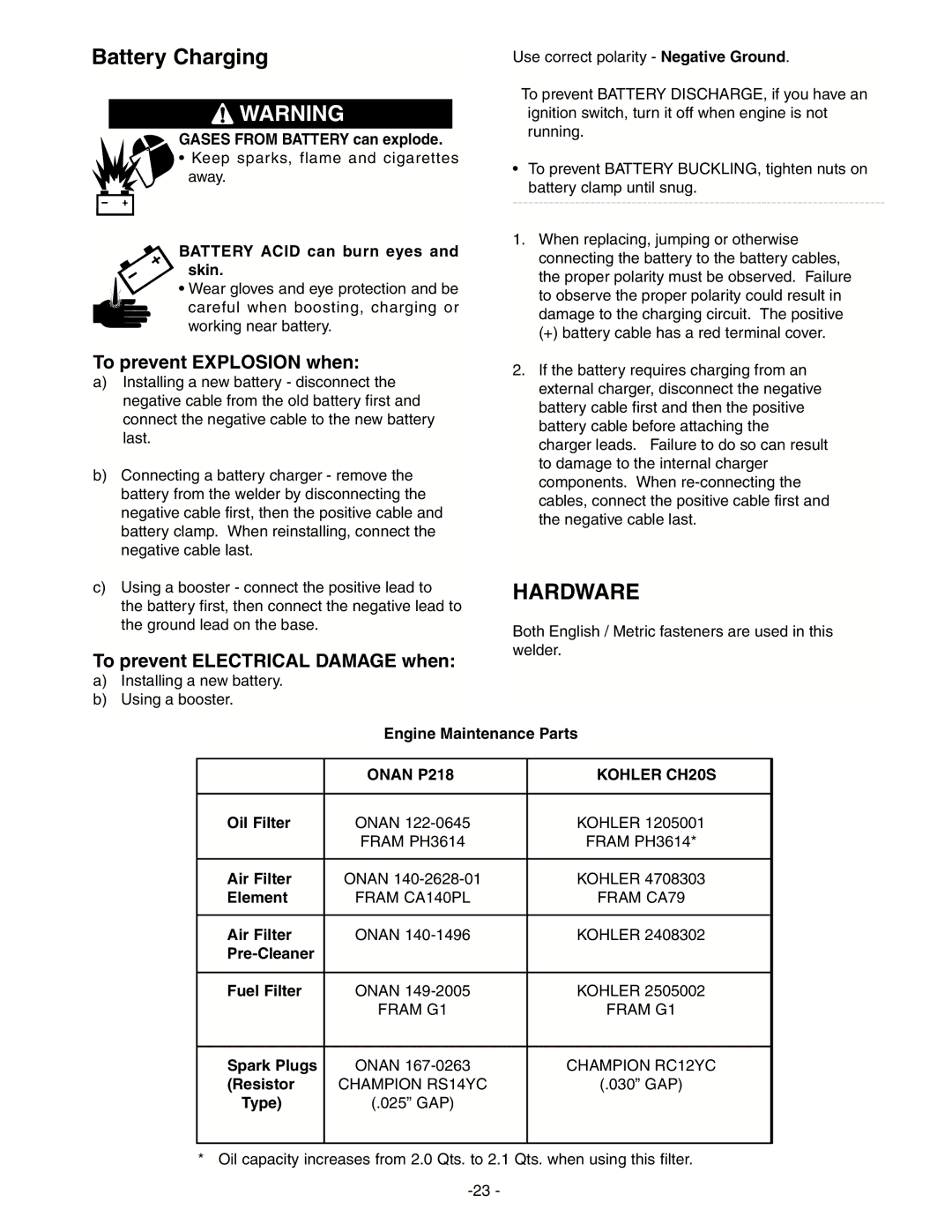 Lincoln Electric IM511-D manual Hardware, To prevent Explosion when, To prevent Electrical Damage when 