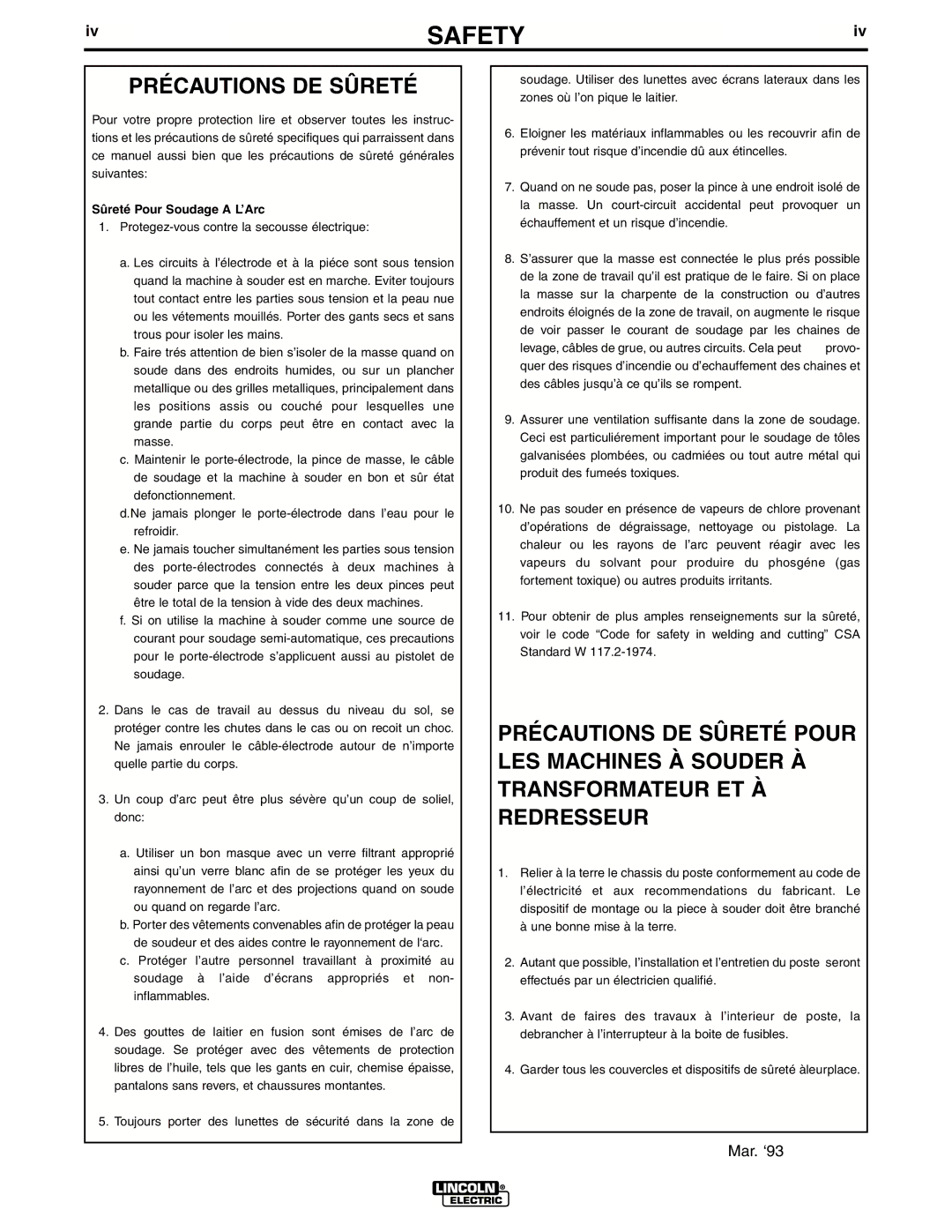 Lincoln Electric IM511-D manual Précautions DE Sûreté, Sûreté Pour Soudage a L’Arc 