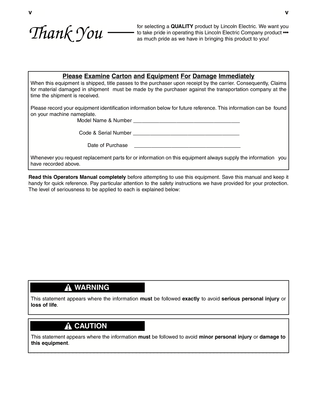 Lincoln Electric IM511-D manual Thank You, Please Examine Carton and Equipment For Damage Immediately 