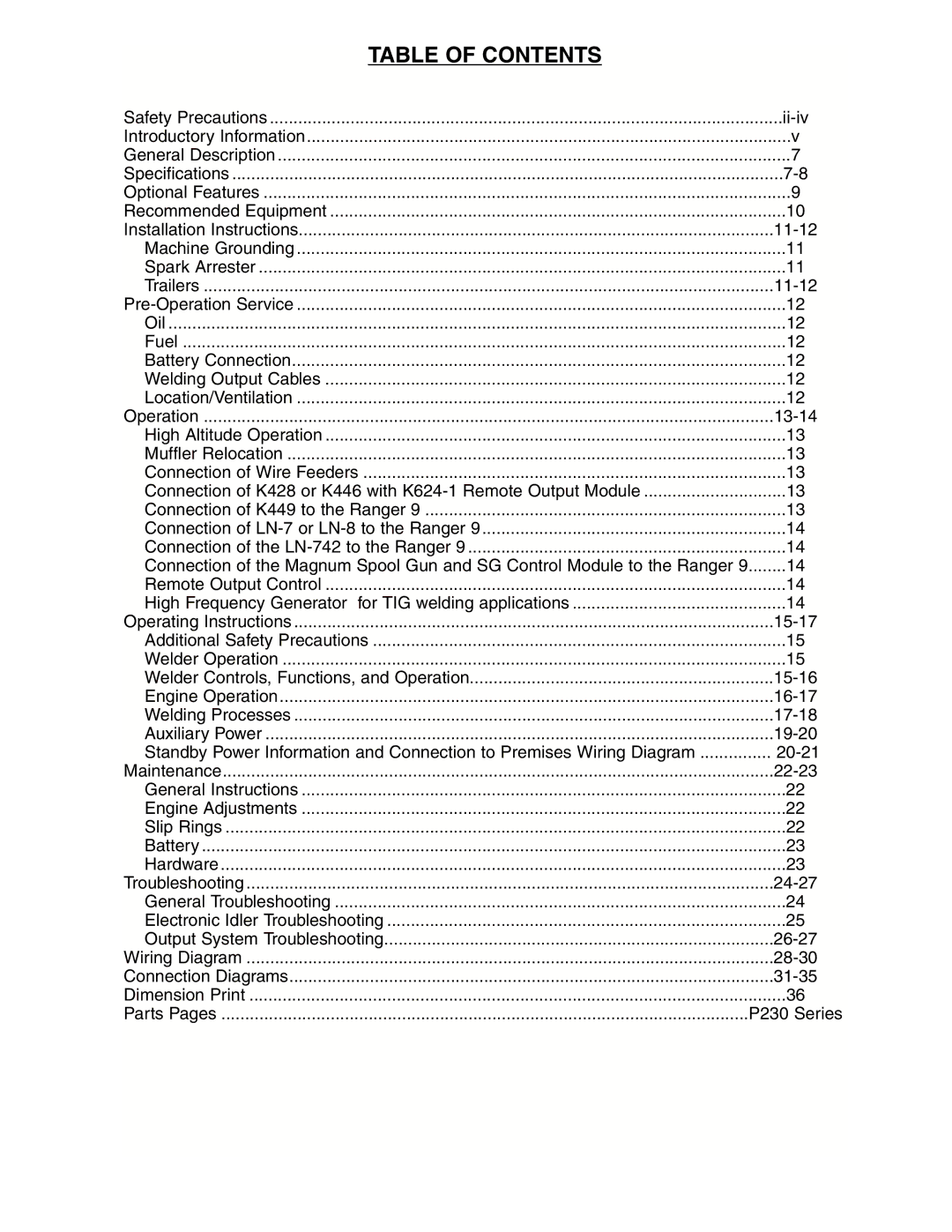 Lincoln Electric IM511-D manual Table of Contents 