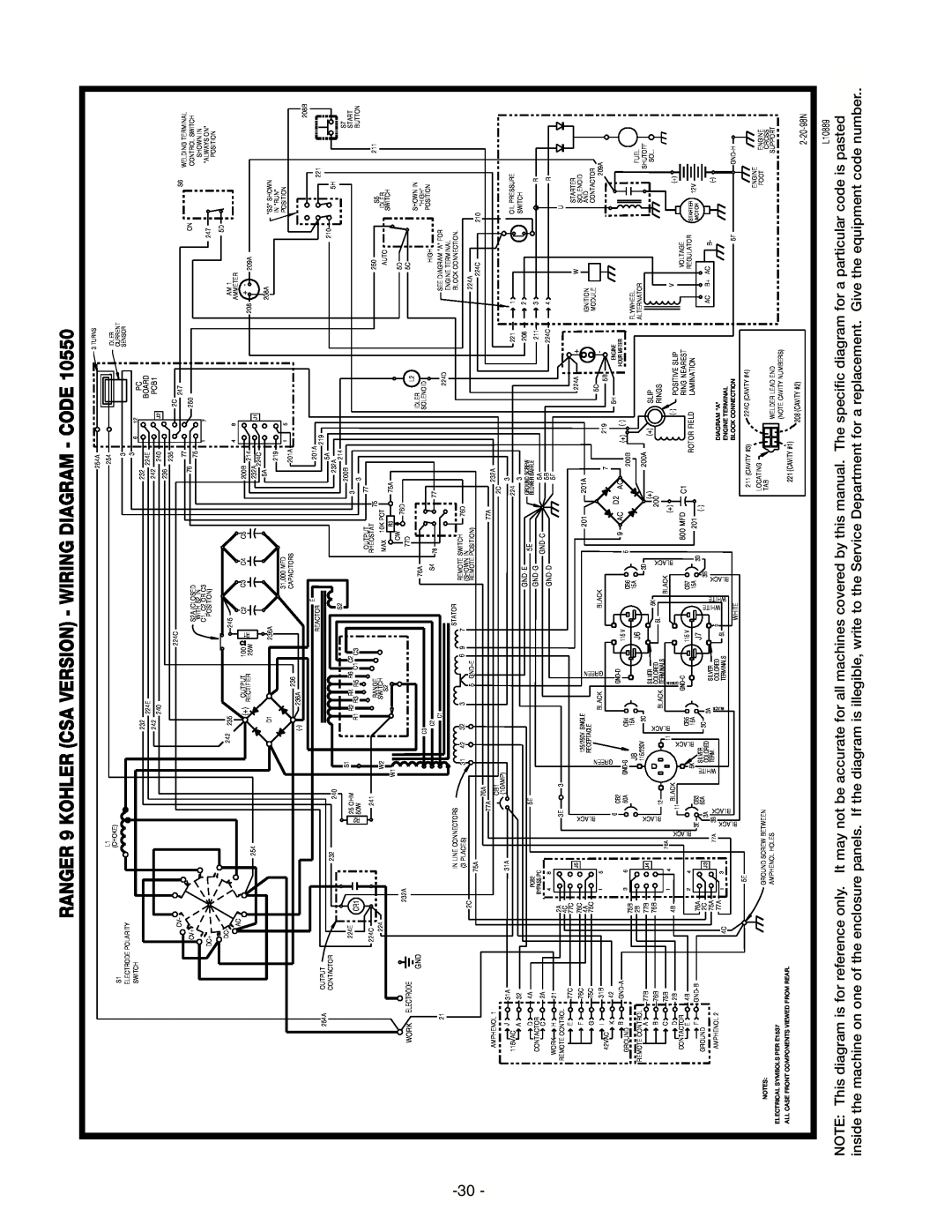 Lincoln Electric IM511-D manual RANGER 9 KOHLER CSA VERSION - WIRING DIAGRAM - CODE, 2-20-98N, L10889 
