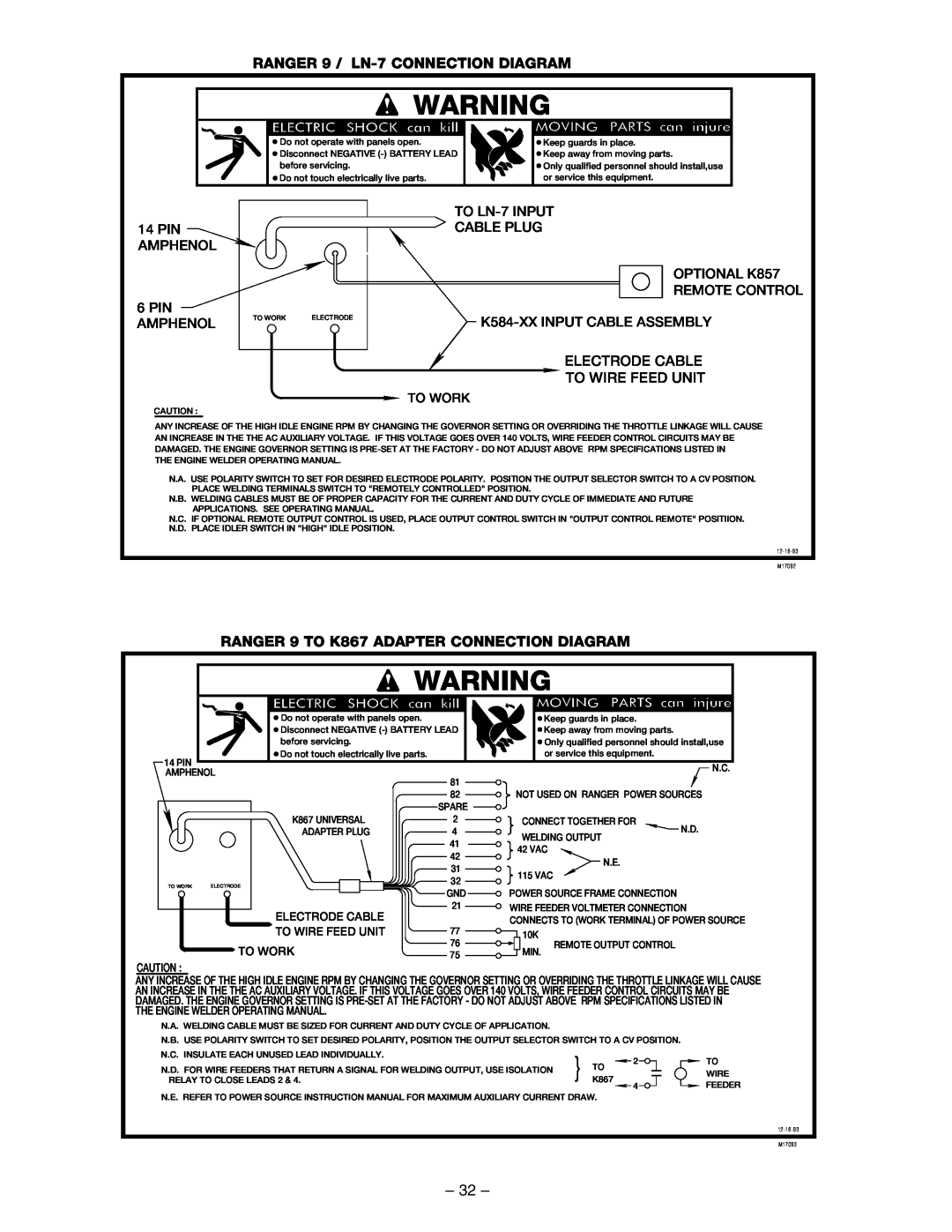 Lincoln Electric IM511-D manual Warnin G, RANGER 9 / LN-7 CONNECTION DIAGRAM, Electrode Cable To Wire Feed Unit, To Work 