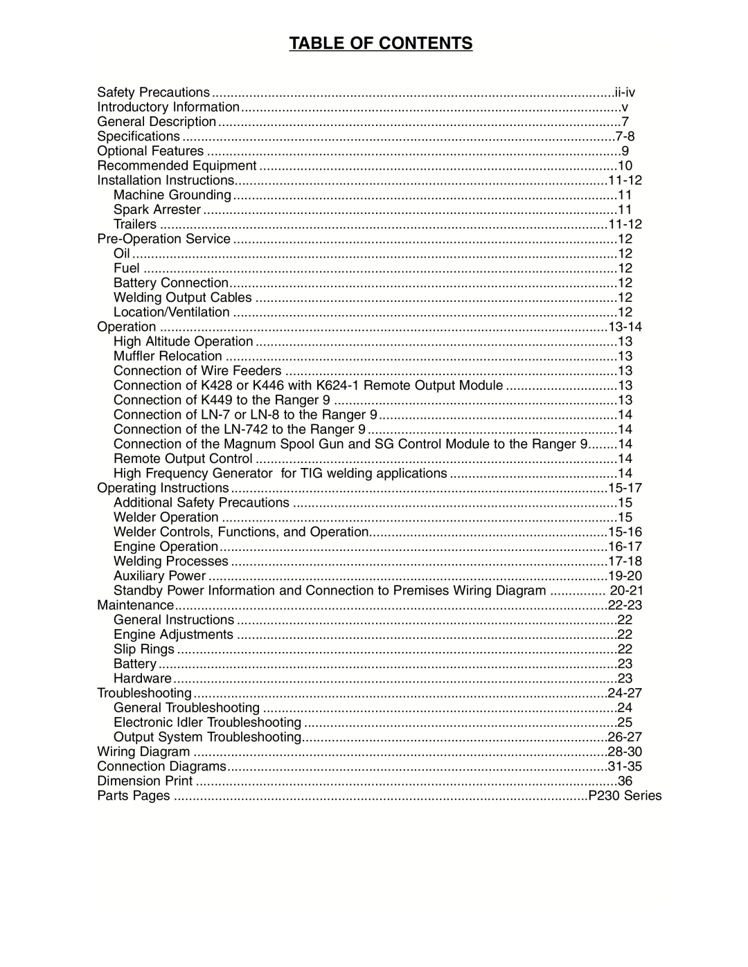Lincoln Electric IM511-D manual Table Of Contents, Standby Power Information and Connection to Premises Wiring Diagram 