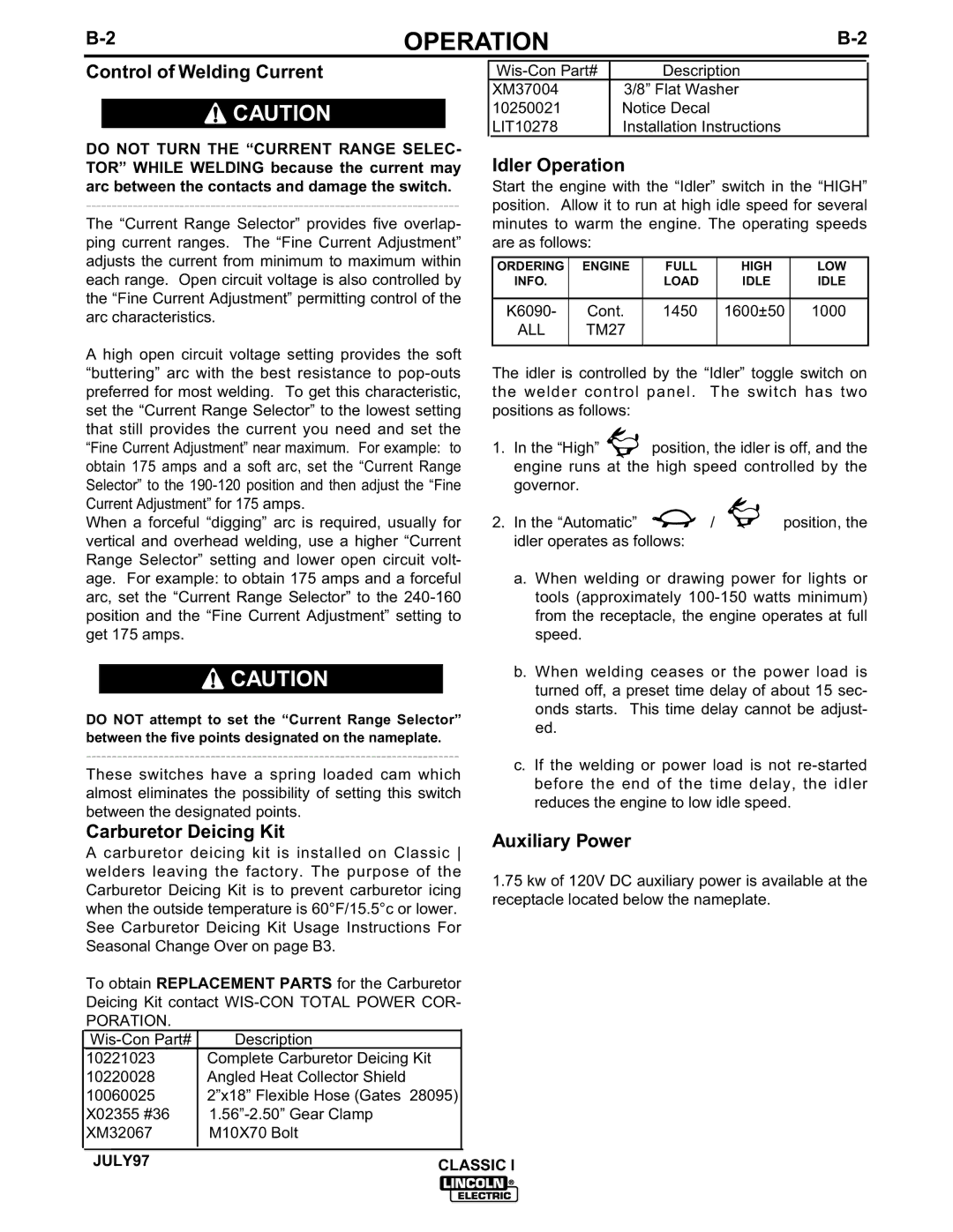 Lincoln Electric IM514-A manual Control of Welding Current, Idler Operation, Carburetor Deicing Kit, Auxiliary Power 