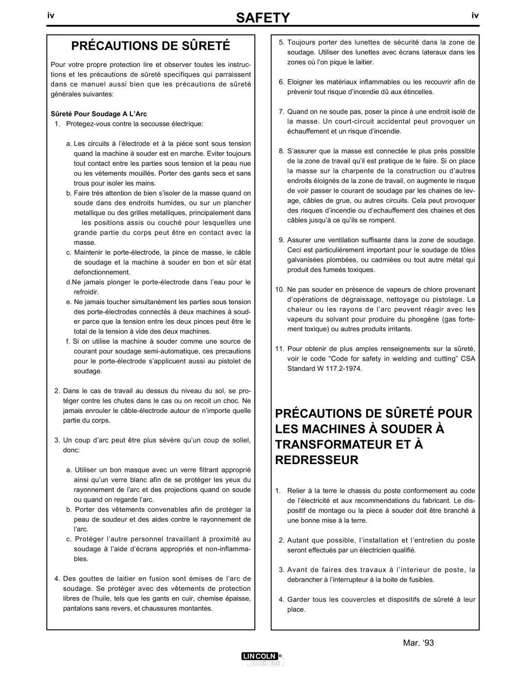 Lincoln Electric IM514-A manual Précautions DE Sûreté, Sûreté Pour Soudage a L’Arc 