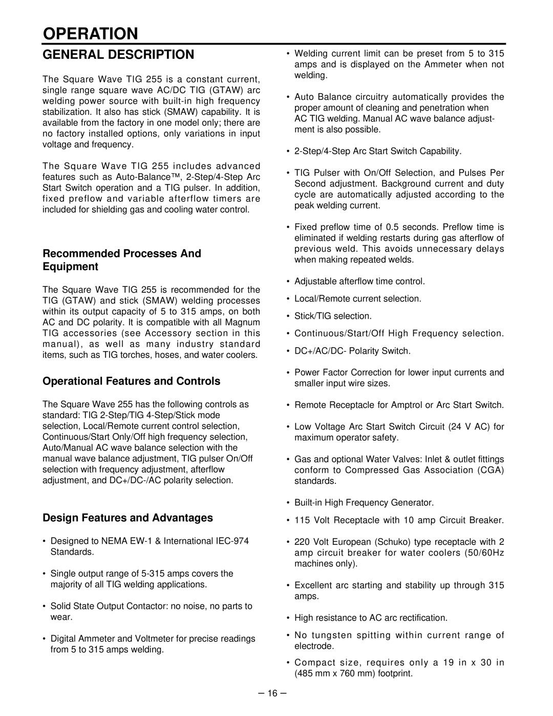 Lincoln Electric IM520-B manual General Description, Recommended Processes Equipment, Operational Features and Controls 