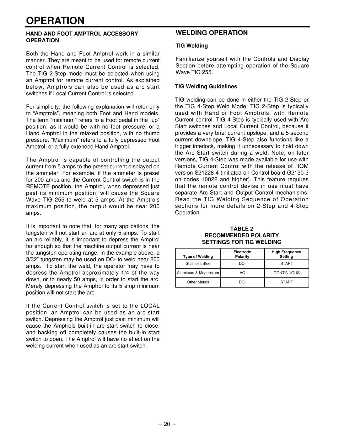 Lincoln Electric IM520-B manual Welding Operation, Hand and Foot Amptrol Accessory Operation, TIG Welding Guidelines 