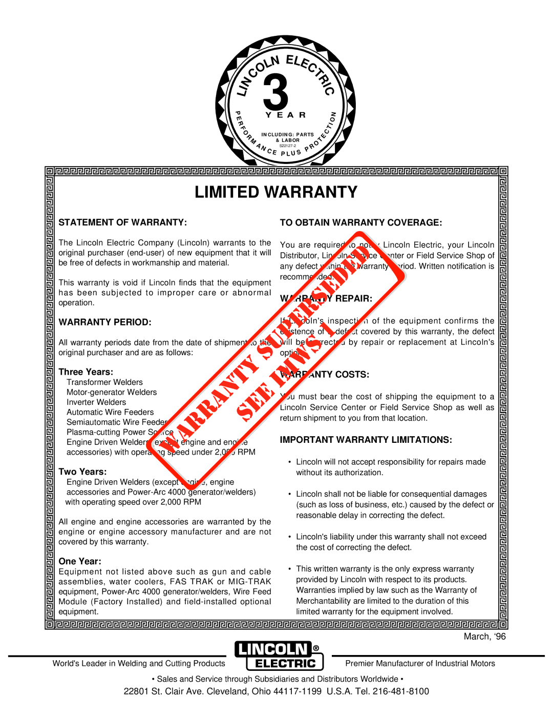 Lincoln Electric IM520-B manual Limited Warranty 