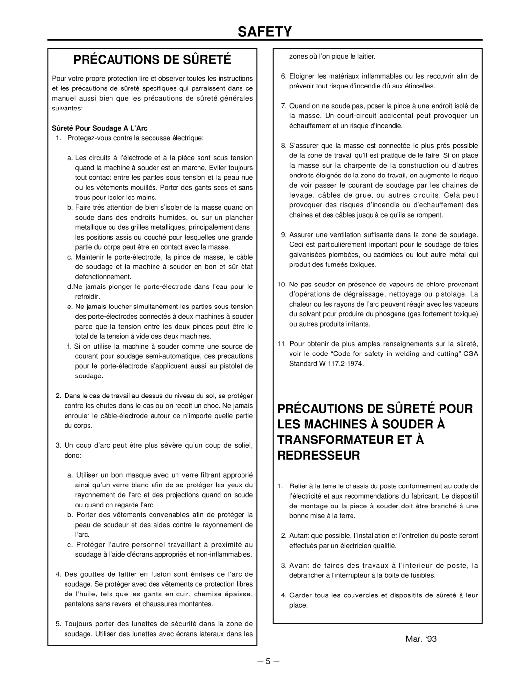 Lincoln Electric IM520-B manual Précautions DE Sûreté, Sûreté Pour Soudage a L’Arc 