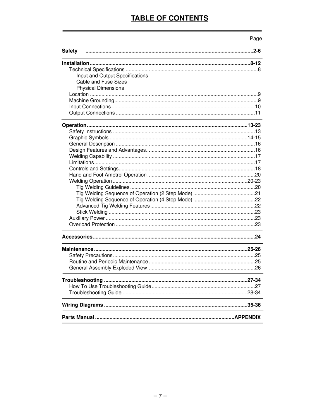 Lincoln Electric IM520-B manual Table of Contents 