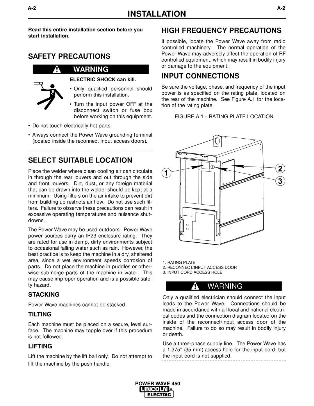 Lincoln Electric IM524-D manual Safety Precautions, Select Suitable Location, High Frequency Precautions, Input Connections 