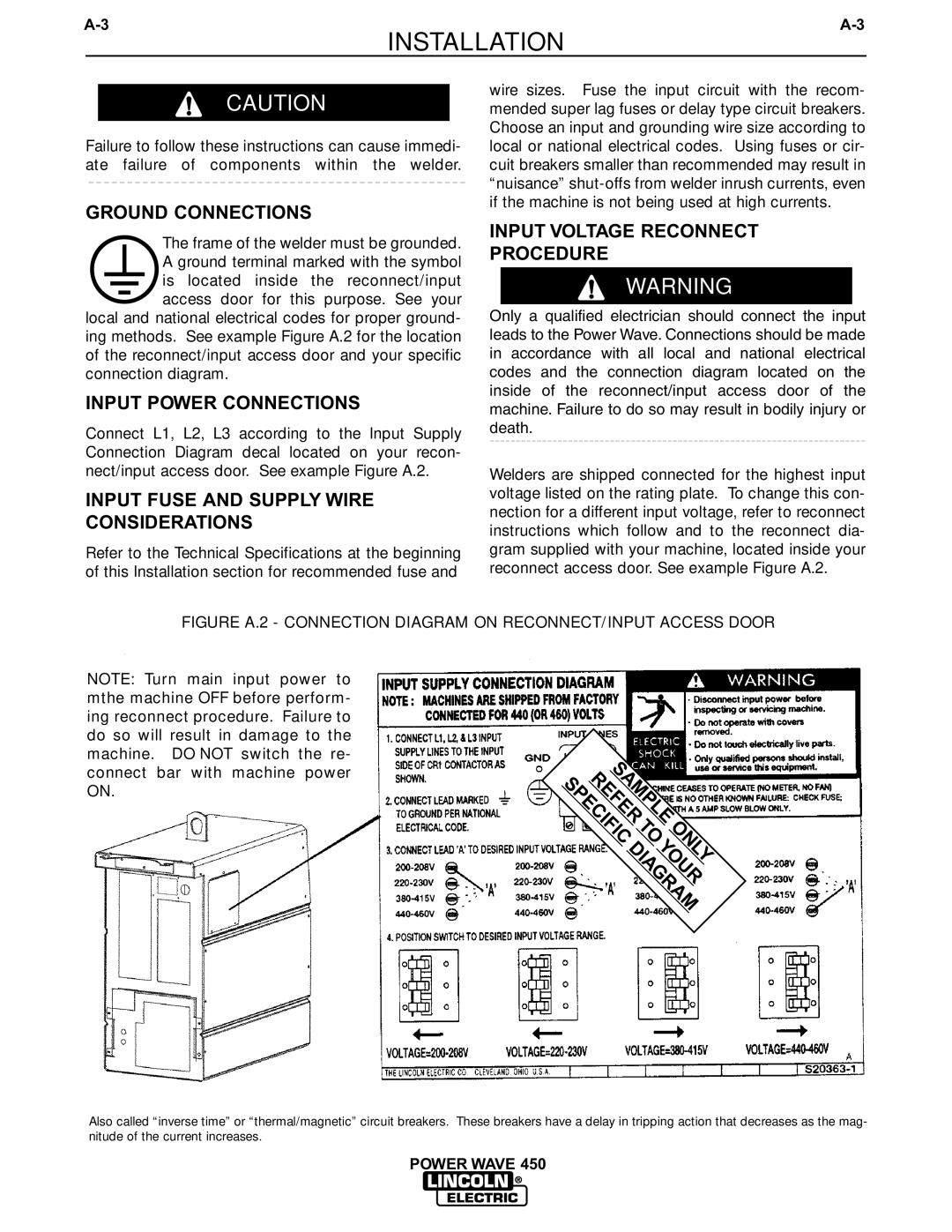 Lincoln Electric IM524-D manual Ground Connections, Input Power Connections, Input Fuse and Supply Wire Considerations 