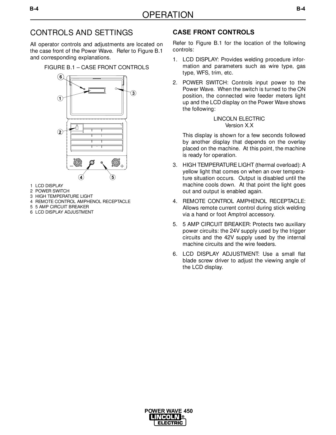 Lincoln Electric IM524-D manual Controls and Settings, Case Front Controls 