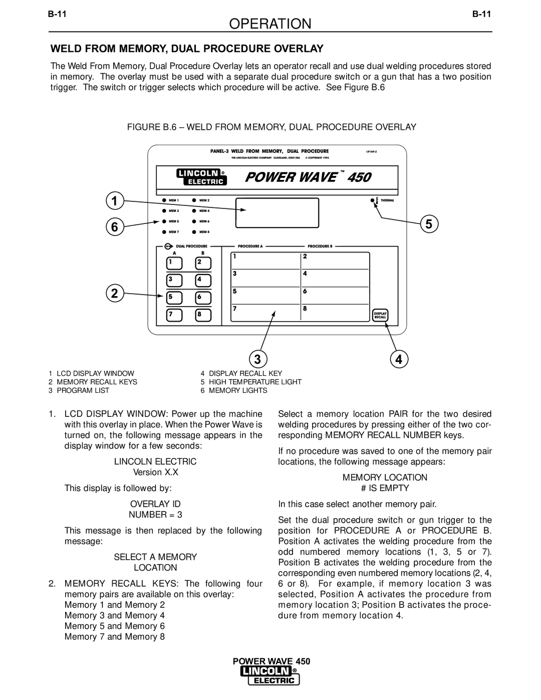 Lincoln Electric IM524-D manual Figure B.6 Weld from MEMORY, Dual Procedure Overlay 