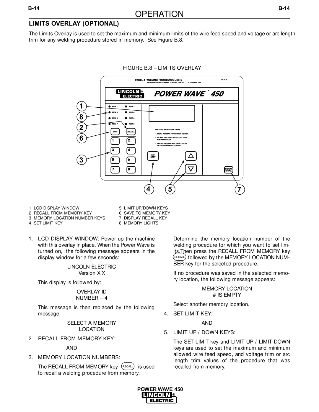 Lincoln Electric IM524-D manual Limits Overlay Optional, Recall from Memory KEY Memory Location Numbers 