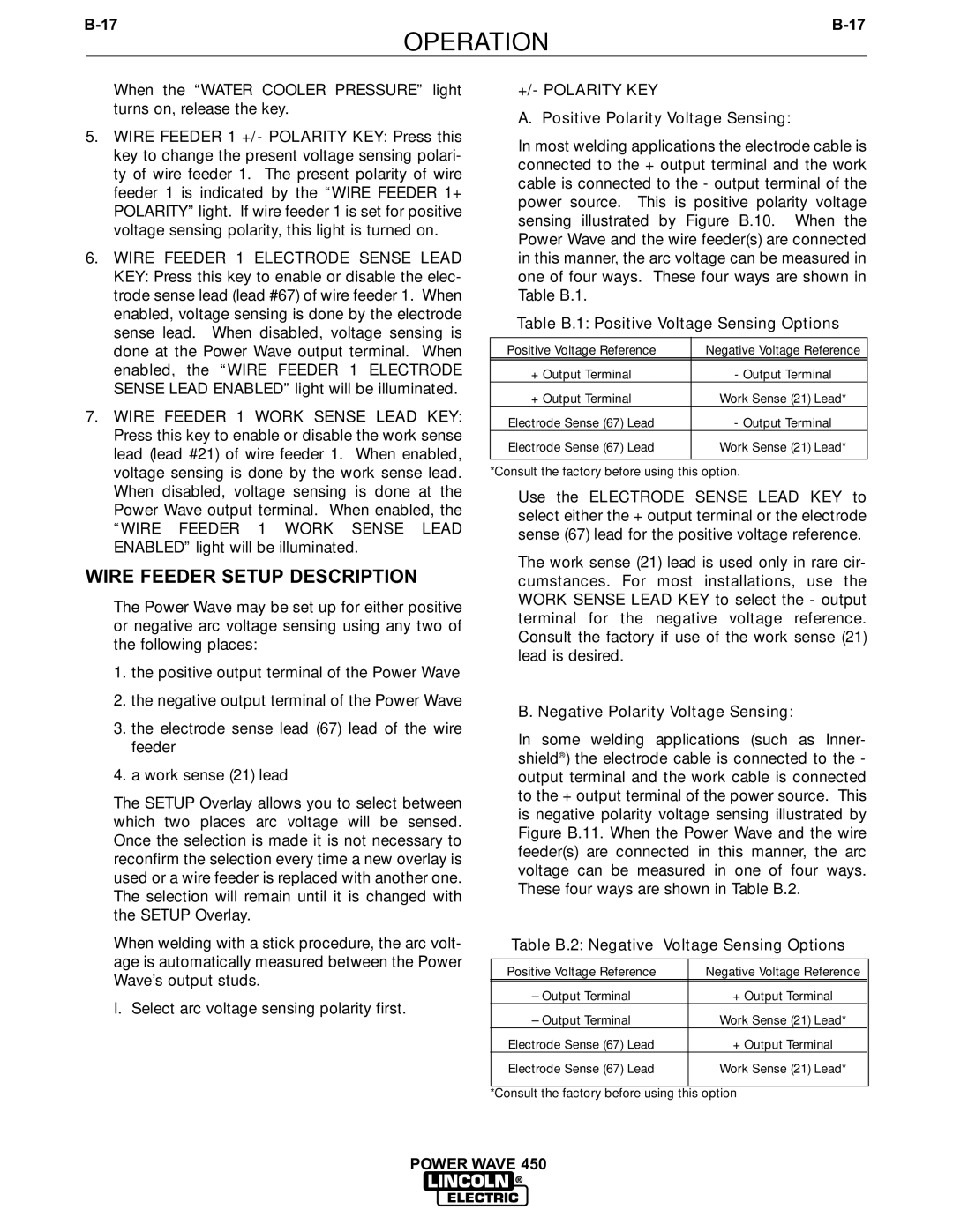 Lincoln Electric IM524-D manual Wire Feeder Setup Description, +/- Polarity KEY 