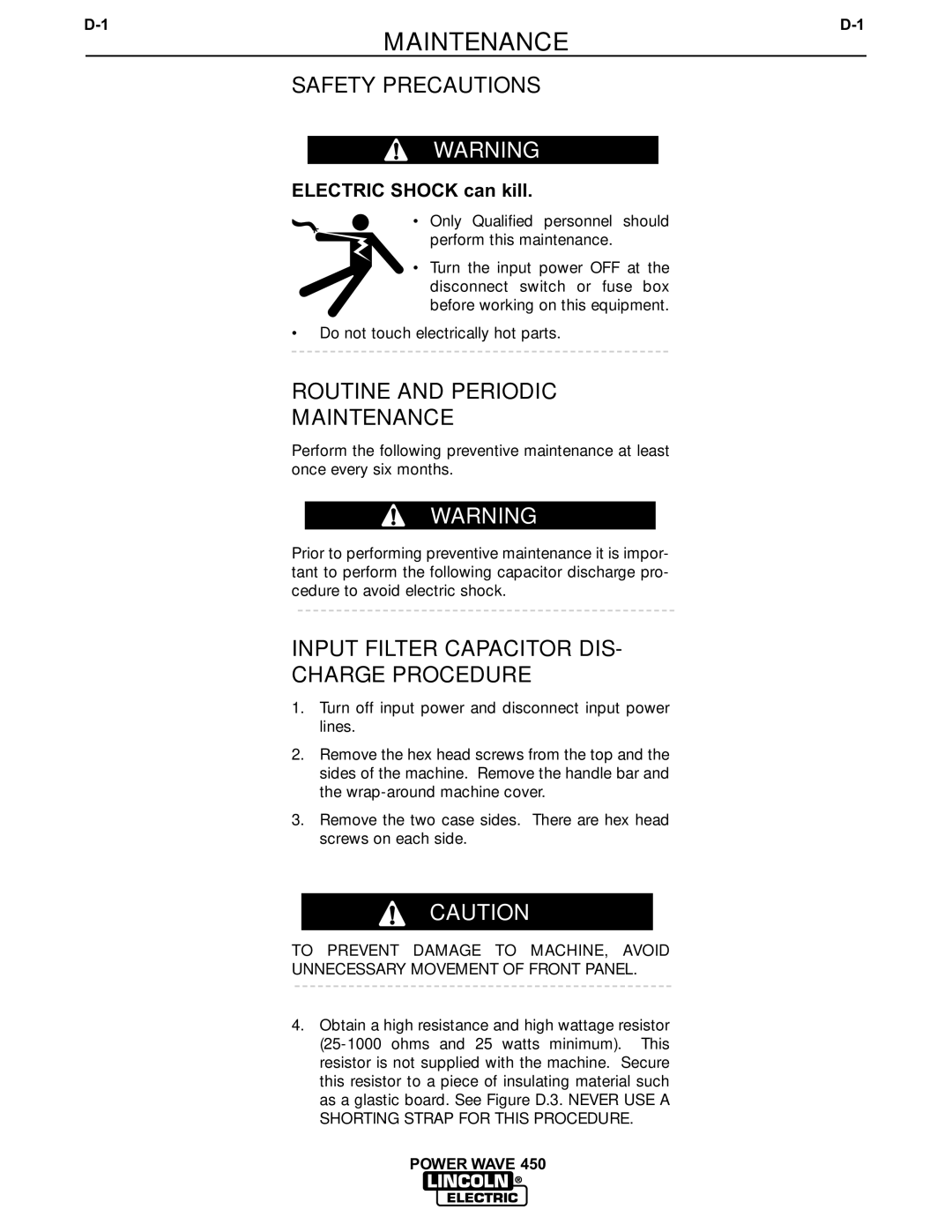 Lincoln Electric IM524-D manual Routine and Periodic Maintenance, Input Filter Capacitor DIS Charge Procedure 