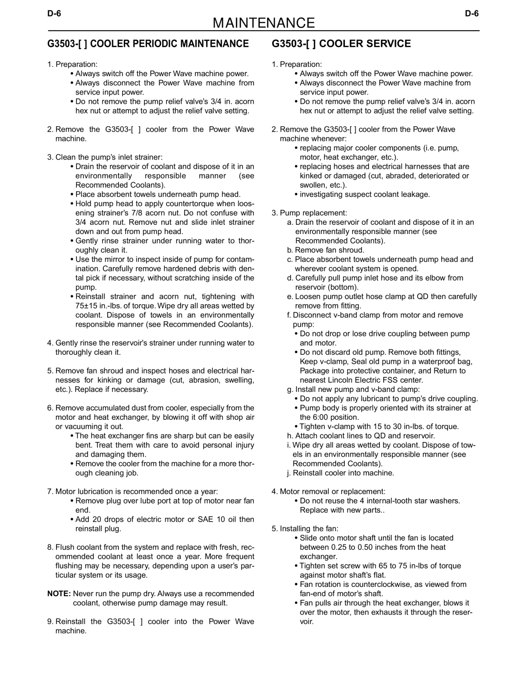 Lincoln Electric IM524-D manual G3503- Cooler Periodic Maintenance, G3503- Cooler Service 