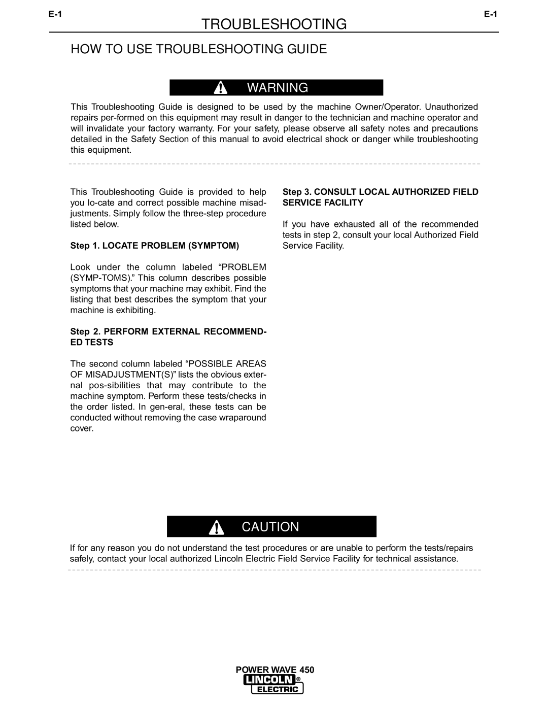 Lincoln Electric IM524-D HOW to USE Troubleshooting Guide, Locate Problem Symptom, Perform External Recommend, ED Tests 