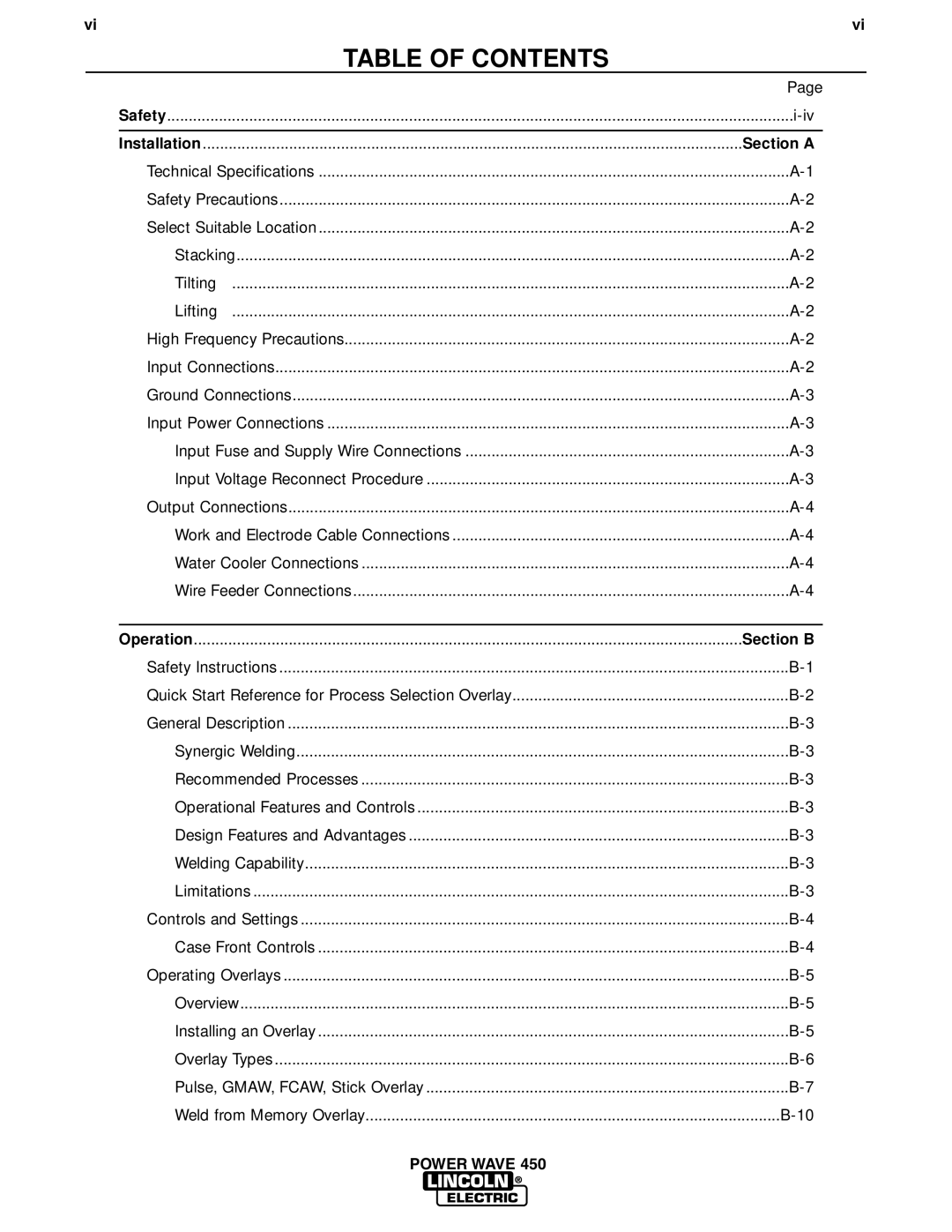 Lincoln Electric IM524-D manual Table of Contents 