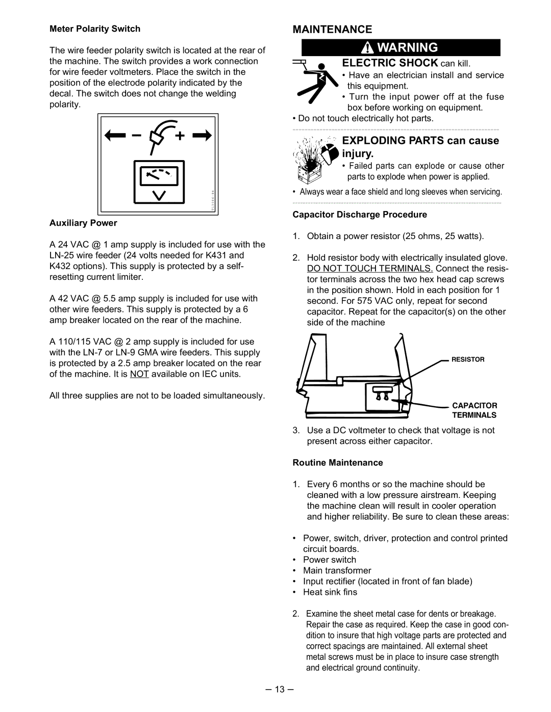 Lincoln Electric IM526-B manual Maintenance, Meter Polarity Switch, Auxiliary Power, Capacitor Discharge Procedure 