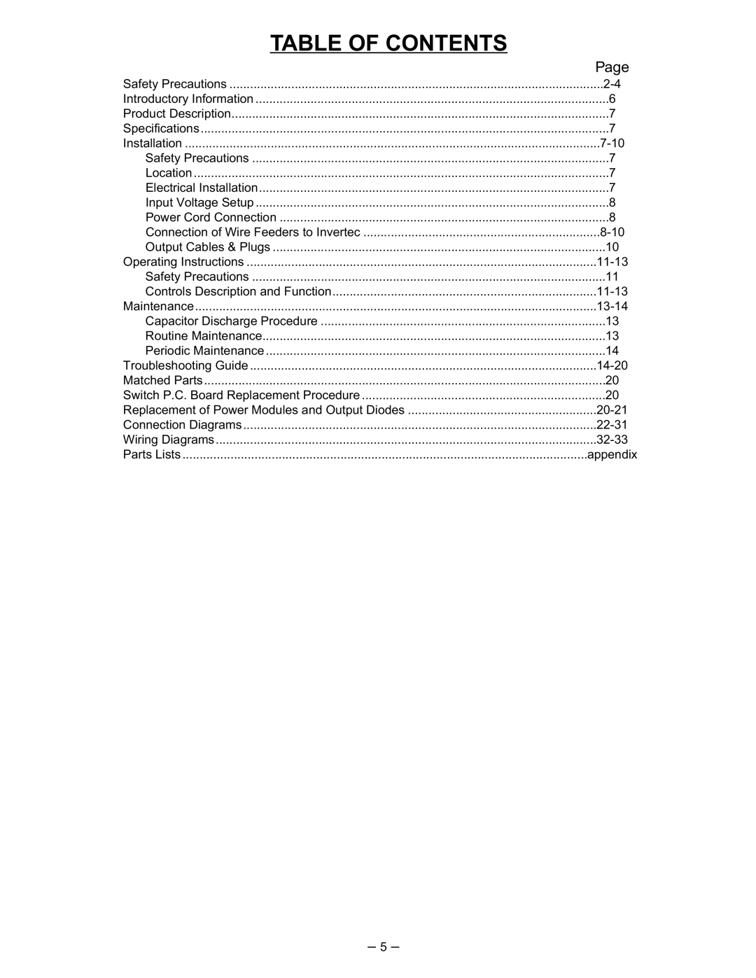 Lincoln Electric IM526-B manual Table of Contents 