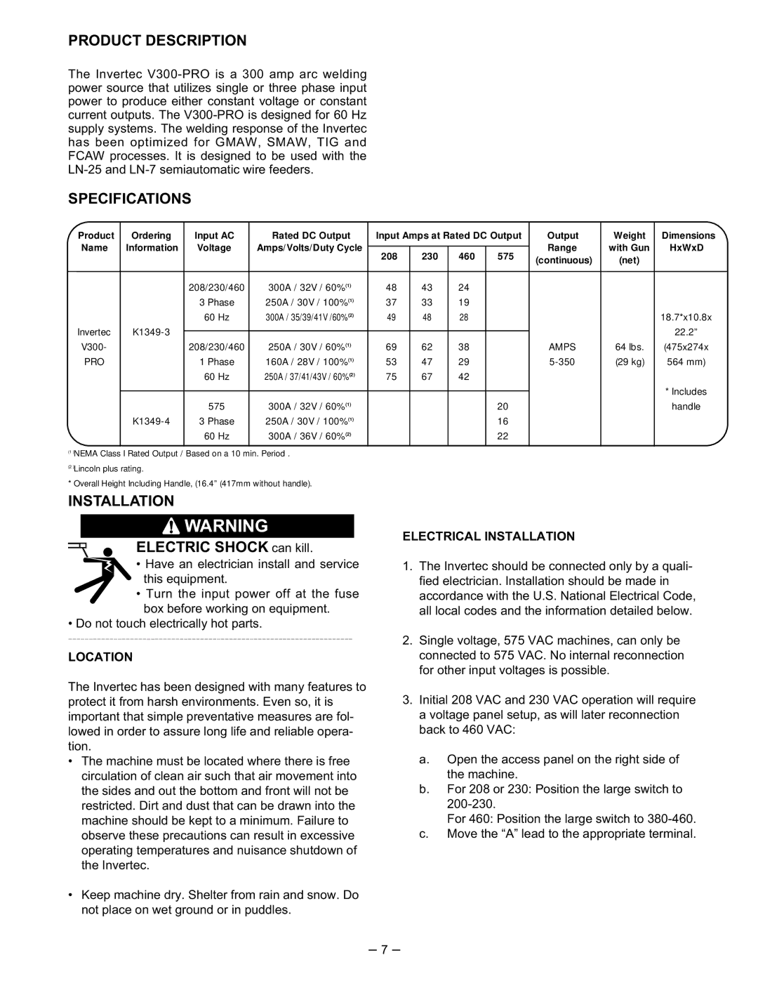 Lincoln Electric IM526-B manual Product Description, Specifications, Installation 