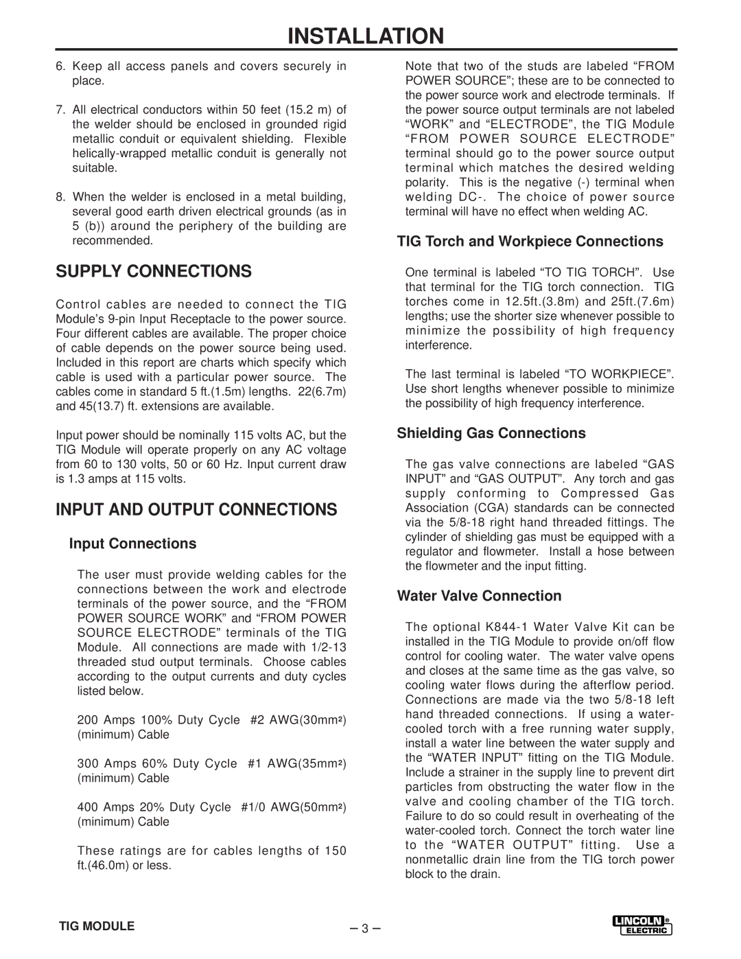 Lincoln Electric IM528-B manual Supply Connections, Input and Output Connections 