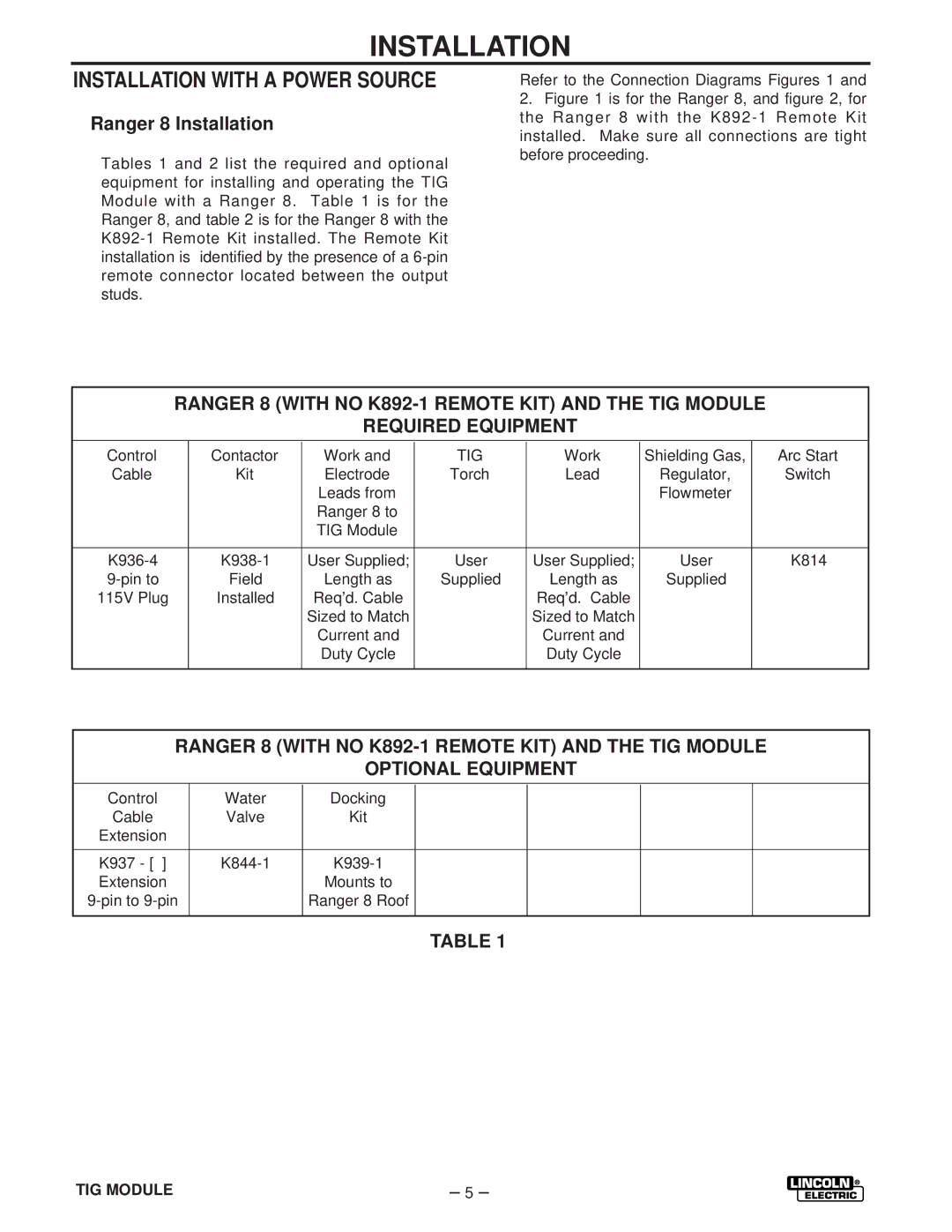 Lincoln Electric IM528-B manual Installation with a Power Source, Ranger 8 Installation 