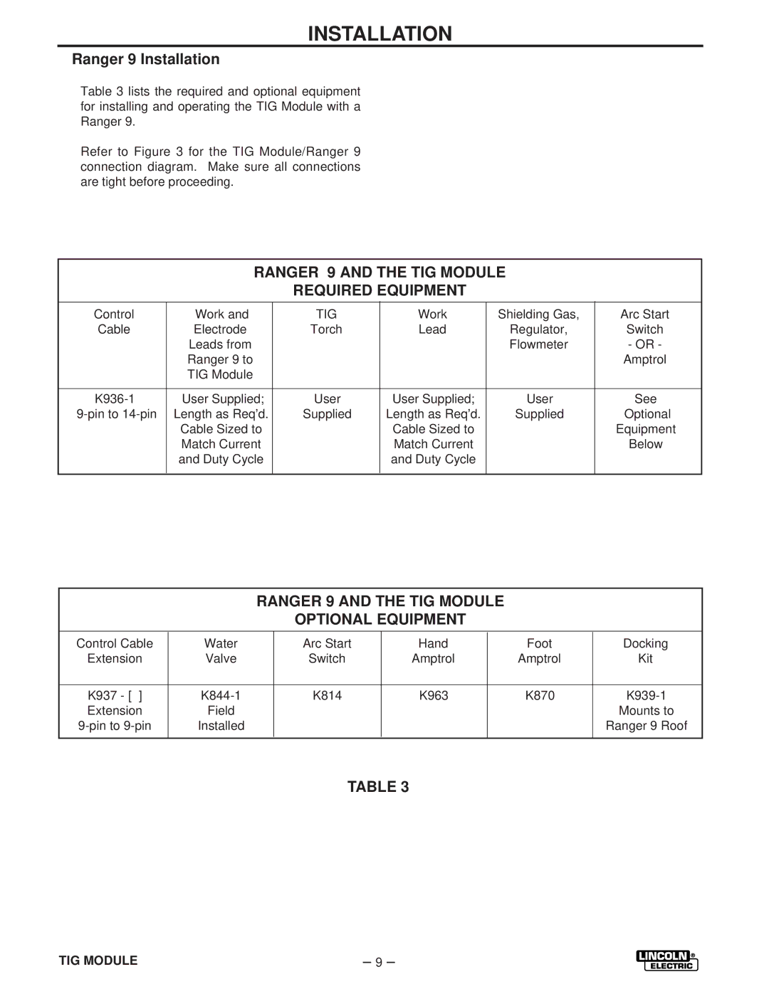 Lincoln Electric IM528-B manual Ranger 9 Installation, Ranger 9 and the TIG Module Required Equipment 