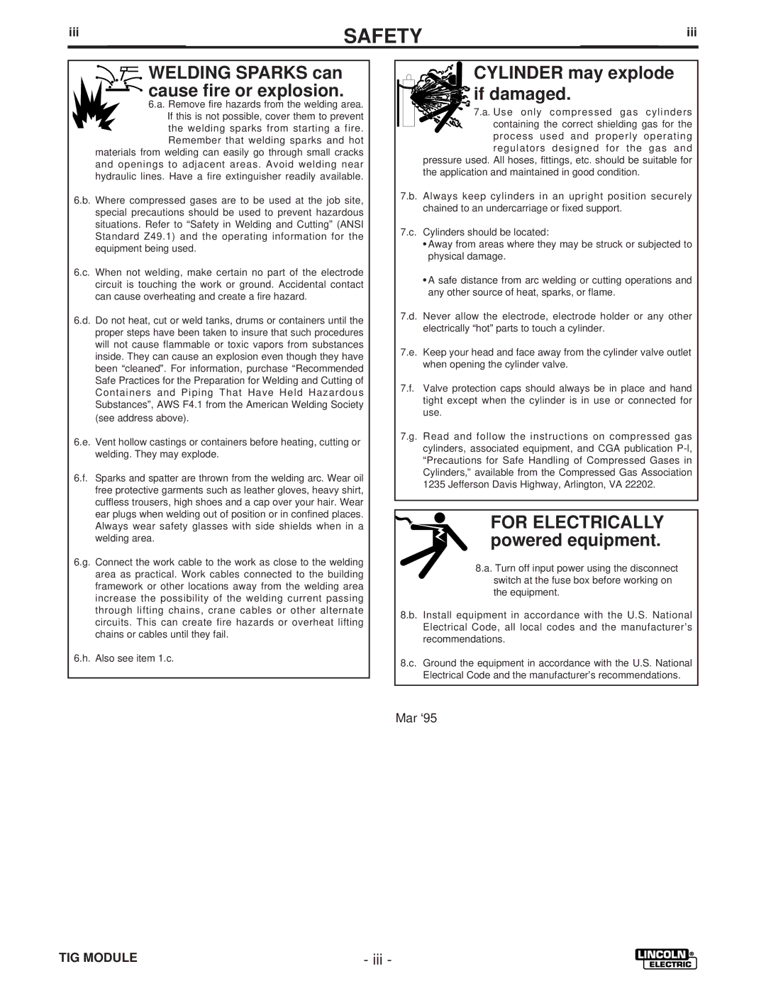 Lincoln Electric IM528-B manual Welding Sparks can cause fire or explosion, Iii 