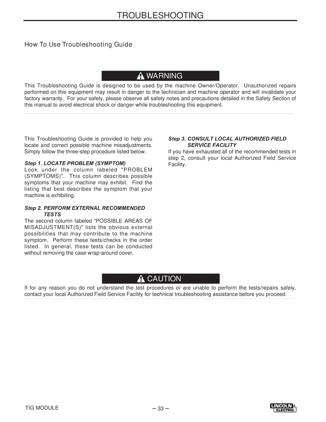 Lincoln Electric IM528-B manual How To Use Troubleshooting Guide 