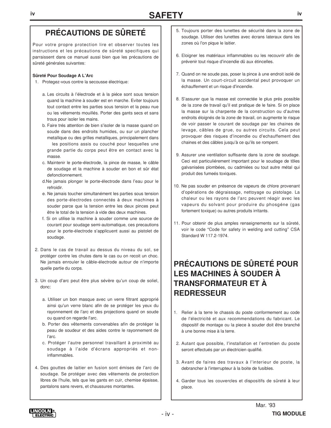 Lincoln Electric IM528-B manual Précautions DE Sûreté, Sûreté Pour Soudage a L’Arc 